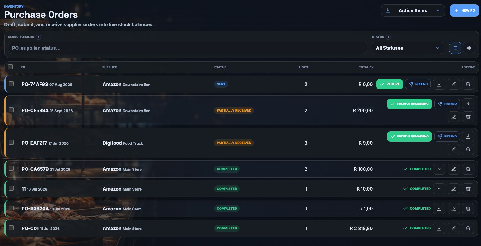 Kitchen Cost Pro purchase orders screen, showing sent, partially received, and completed supplier orders with receive and resend actions