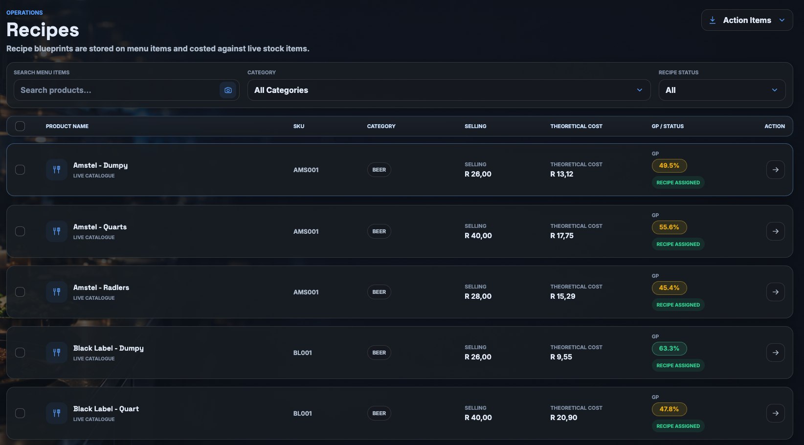 Kitchen Cost Pro recipes screen, showing selling price, theoretical cost, and gross profit percentage per menu item